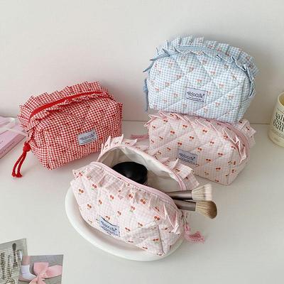 Ins Fresh Red Cherry Quilted Cosmetic Bag Fashion Small Large Toiletry Makeup Storage Bag Cute Lipstick Sanitary Napkin Case
