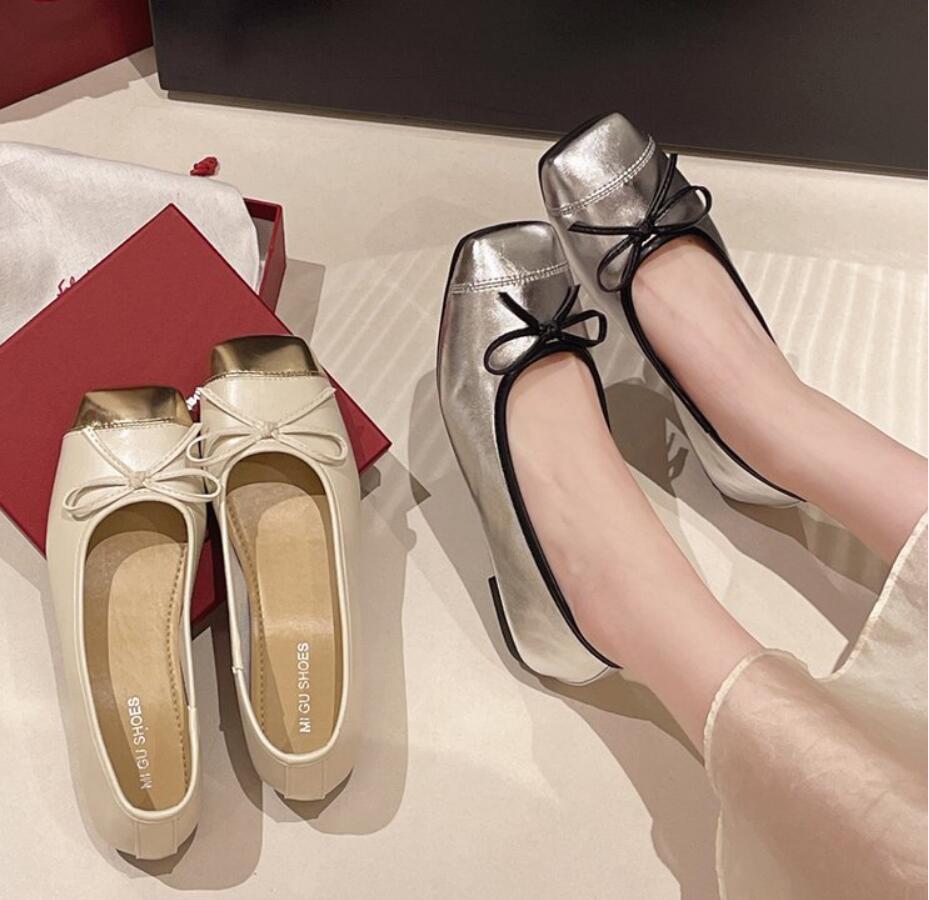 Elegant Silver Bowknot Ballerina Women's Square Head Flat Shoes Comfort Slip-On Ladies Loafers Soft-soled Ballet Flats Boat Shoe