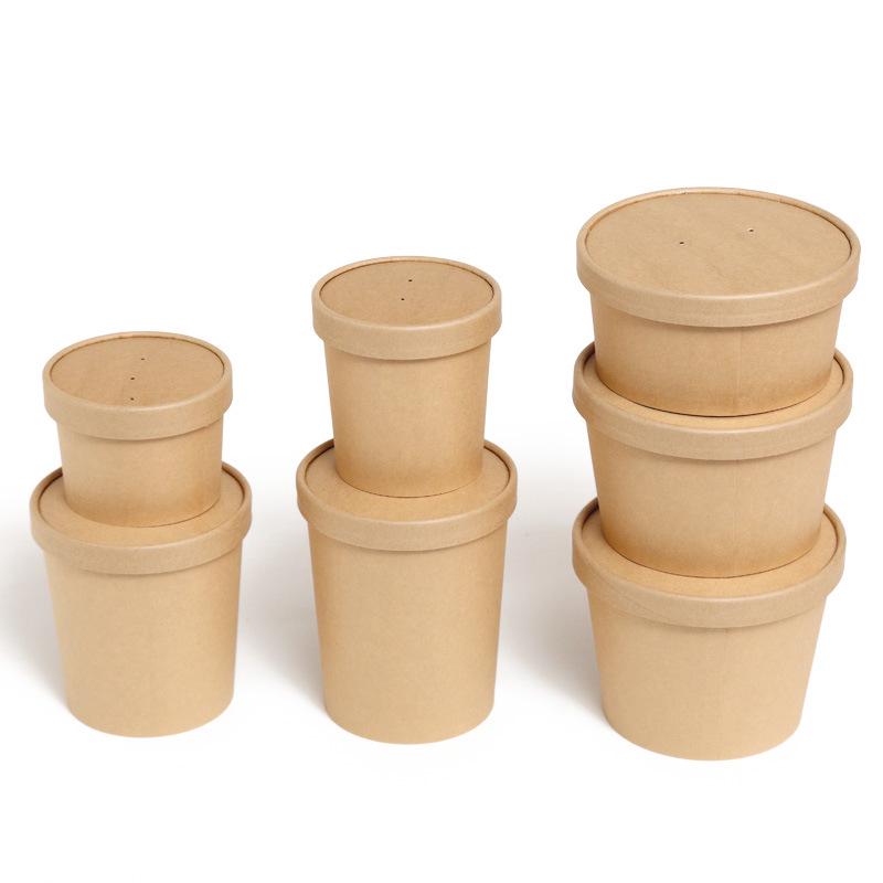 Disposable Kraft Paper Soup Bowl with Lid - Thickened Round Takeaway Meal Box for Porridge and Lunch