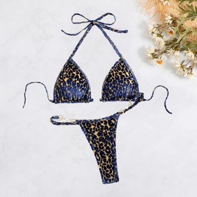 2Pcs/Set Women Sexy Bikini Set Leopard Print Halter Bra Faux Pearls Briefs Set Quick Drying Swimsuit Beachwear