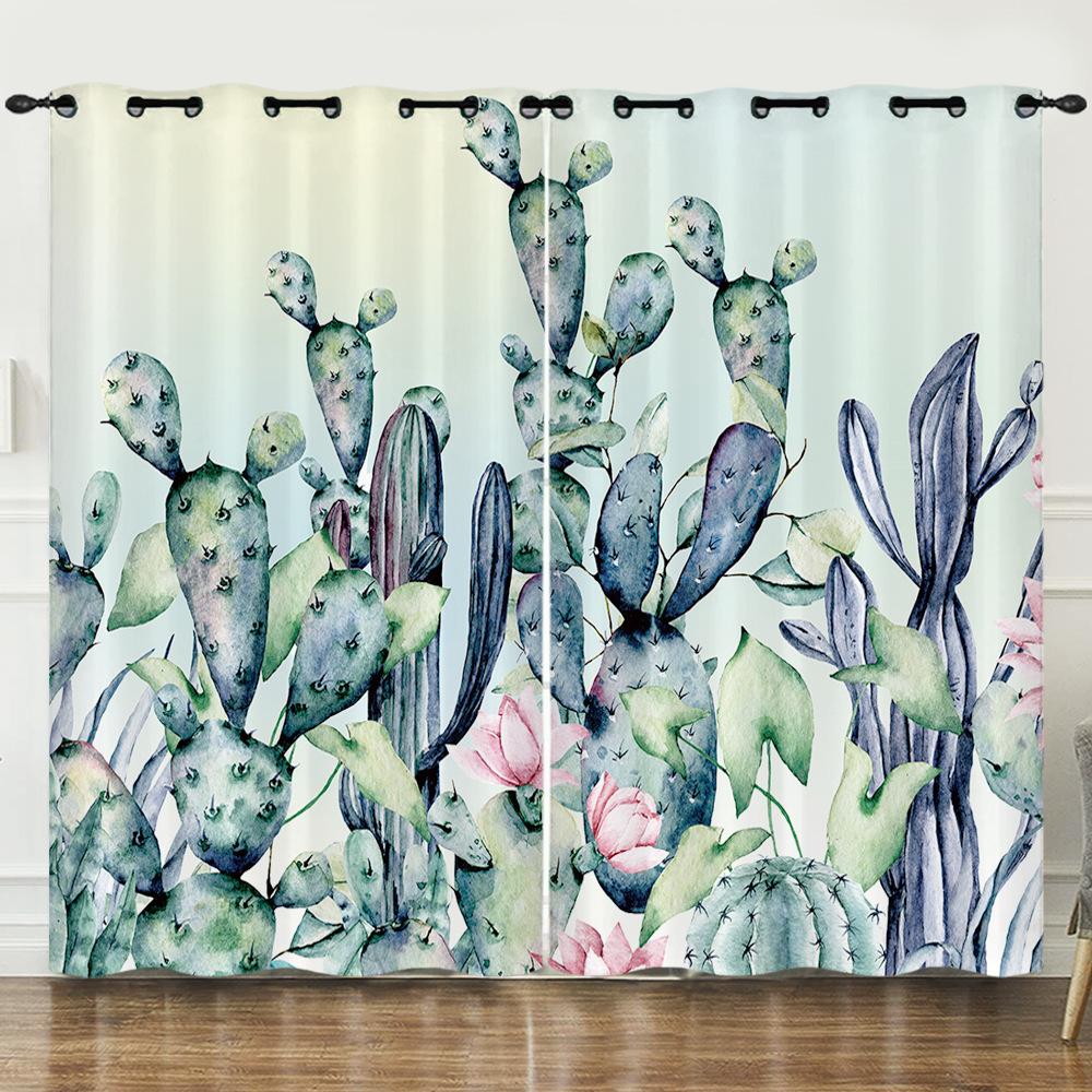 Curtains Fresh Green Plants Hand-Painted Cactus 3D Digital Printing Blackout Curtain Punching