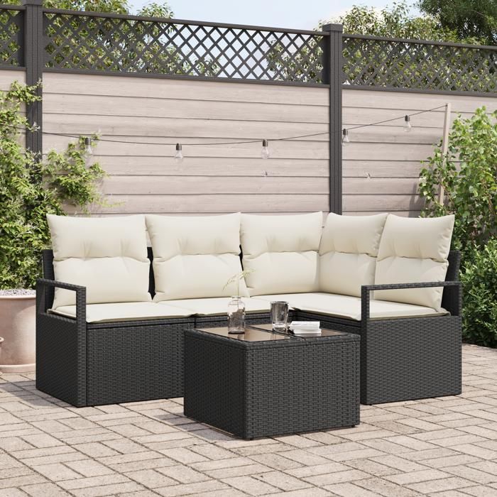 Ensemble de canapé de jardin de 4 pièces avec coussins en rattan poly marron, Canapé de jardin 2 places avec rangement &amp; 3355036