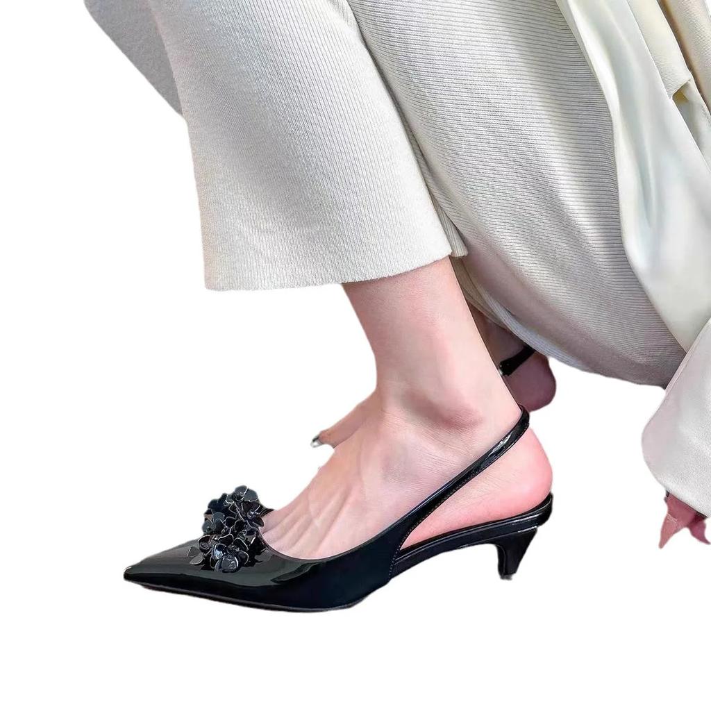 Fashion Woman Spring Beautiful Slingbacks Pumps Sexy Pointed Toe Flower High Heels Wedding Party Female Patent Leather Shallow Sandals