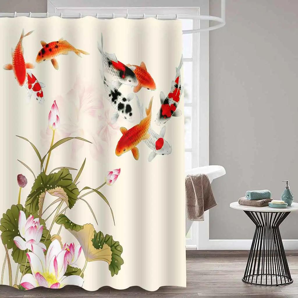 Waterproof Ink Painting Bamboo Leaves Bird Shower Curtains, Mountain Water Plant Landscape, Bathroom Curtain, Home Decor