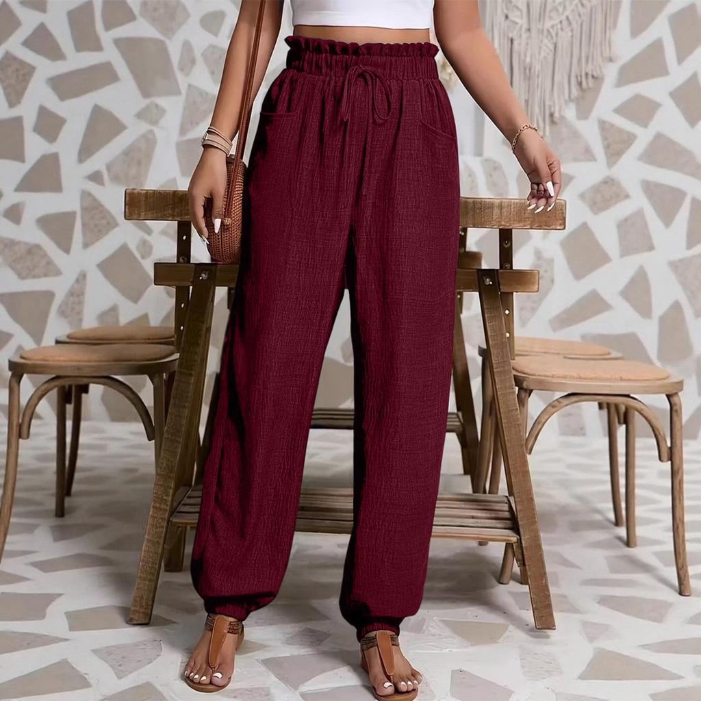 Ladies' Color Casual Fashion Loose Elastic Waist Drawstring Closure Pants