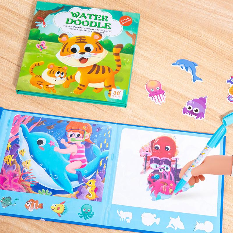 Neues magisches Wassermalbuch für Kinder, wiederverwendbare Aufkleber, Malspielzeug mit Stift, Geschenkset für die frühe Bildung, lustiges Lernaktivitätsset