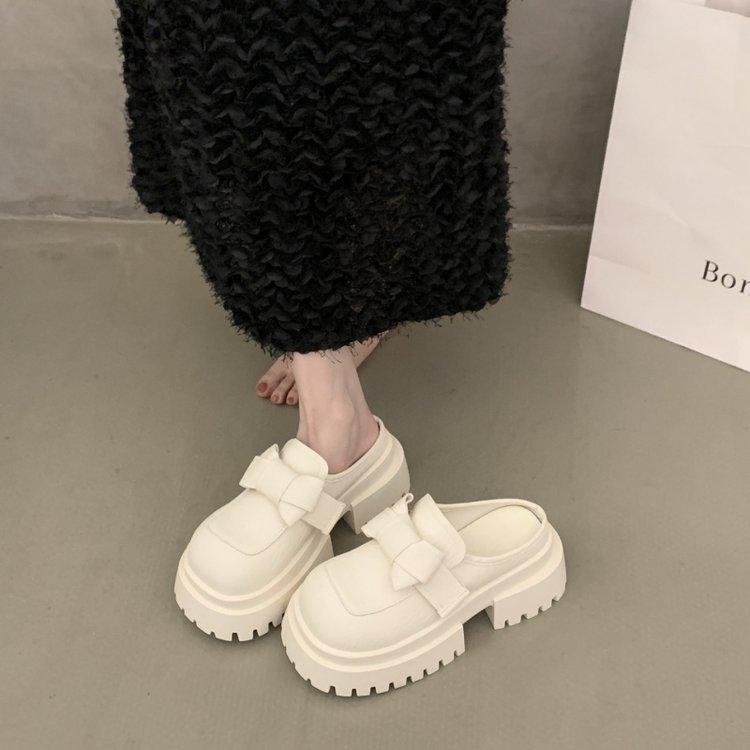 Baotou half slippers women's big head bow thick-soled muffin small man 7cmJK small leather shoes one foot cool shoes