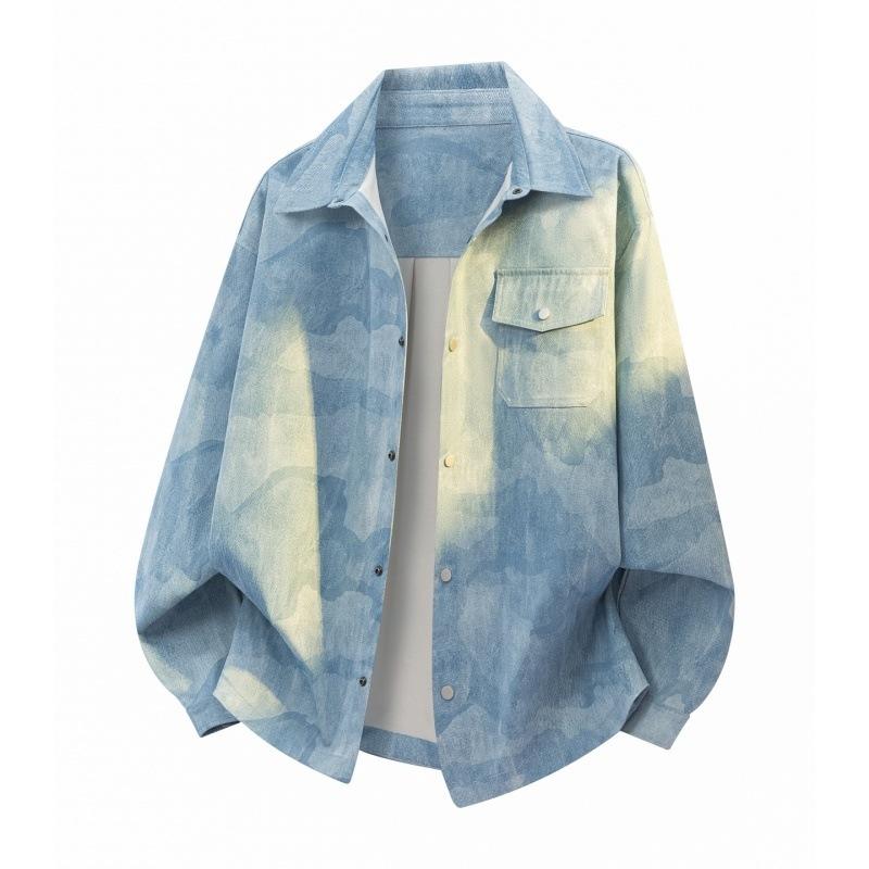 

Men s Pink & Beige Tie-Dye Oversized Shacket, Casual Button-Up Shirt Jacket with Chest Pocket, Streetwear Style for Daily Wear M синий