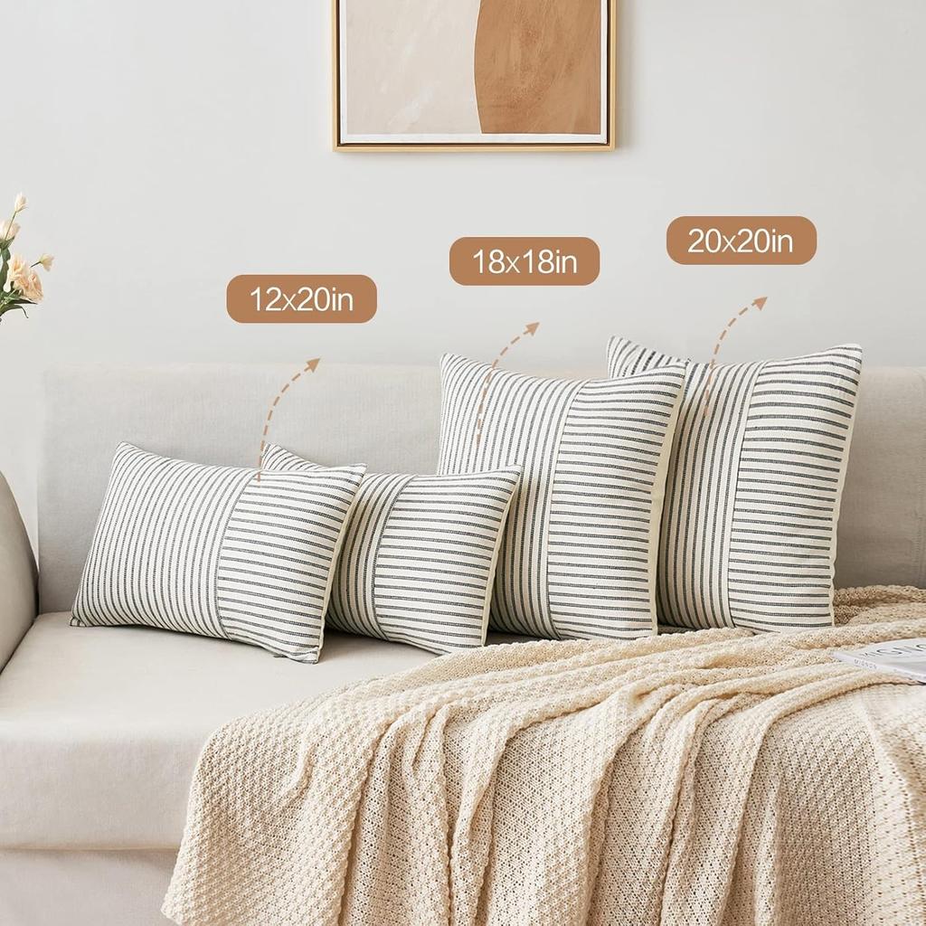 Black and Beige Patchwork Pillow Covers 18x18 Inch Striped Linen Decorative Modern Accent Cushion Cover for Sofa Couch Bedroom