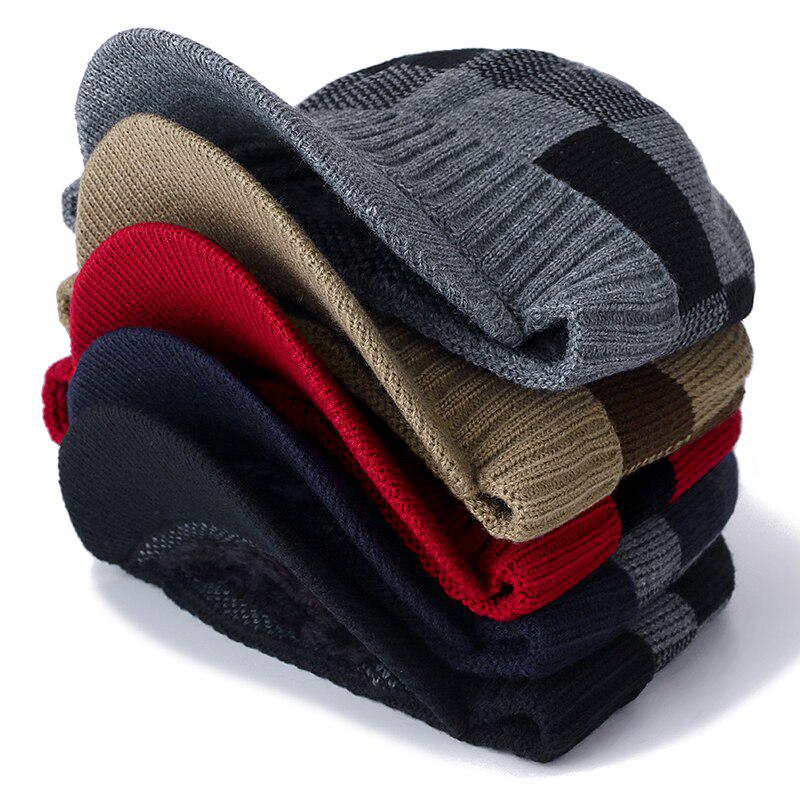 High Quality Fur Add Cotton Lined Brim Winter Hats Casual Beanies Hat For Men Square Block Design Wool Knitted Hat