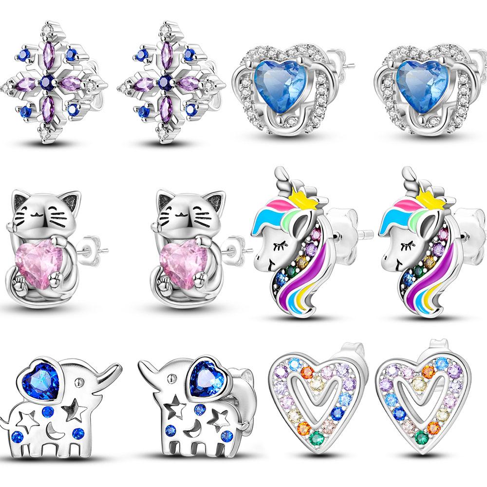 Cute Unicorn Stud Earrings Silver Plated for Little Girl Crystal Cat Mouse Elephant Heart Star Earring Gift Jewelry