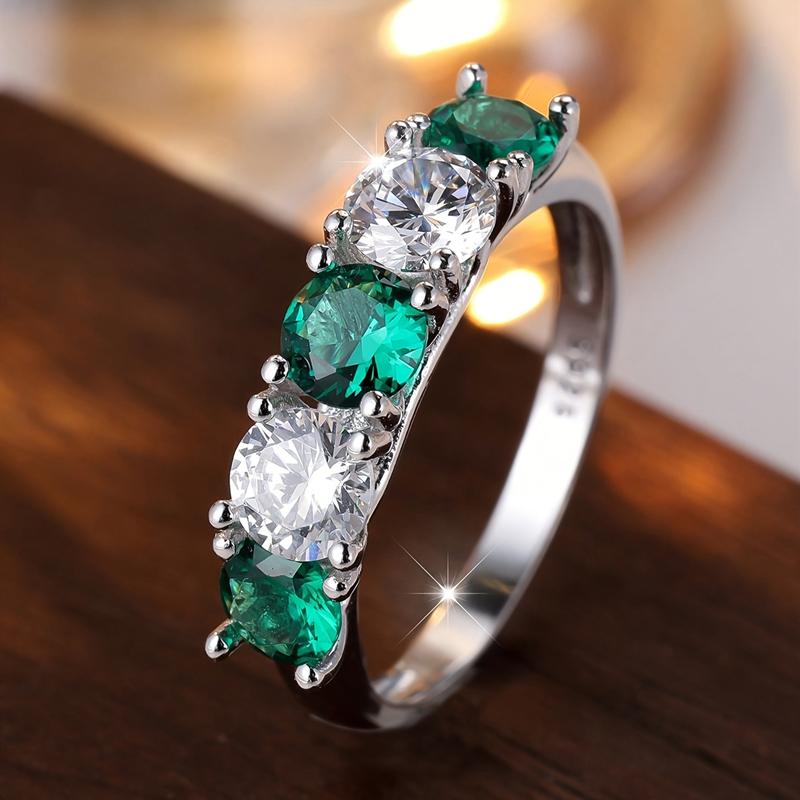 Prsteny s 5 kameny, poloviční věčnost, ze sterlingového stříbra 925, s rodnými kameny, pro ženy, módní, s kulatým výbrusem, bílé, zelené, CZ zirkon, šperkový dárek