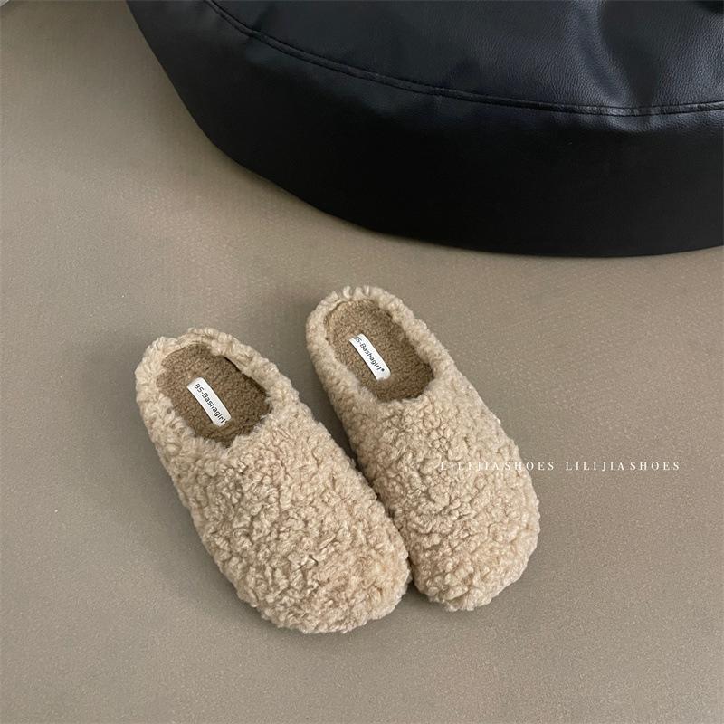 Retro lamsvacht pluche pantoffels dames 2025 herfst en winter nieuw tas hoofd sleep fee lui katoen sleep één pedaal