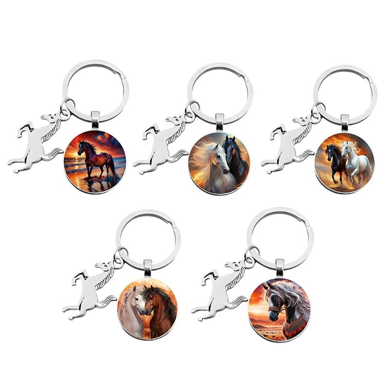 Animal Running Horse Keychain Exquisite Steed Pattern Glass Cabochon Keychain Men'S Charm Keyring Gift