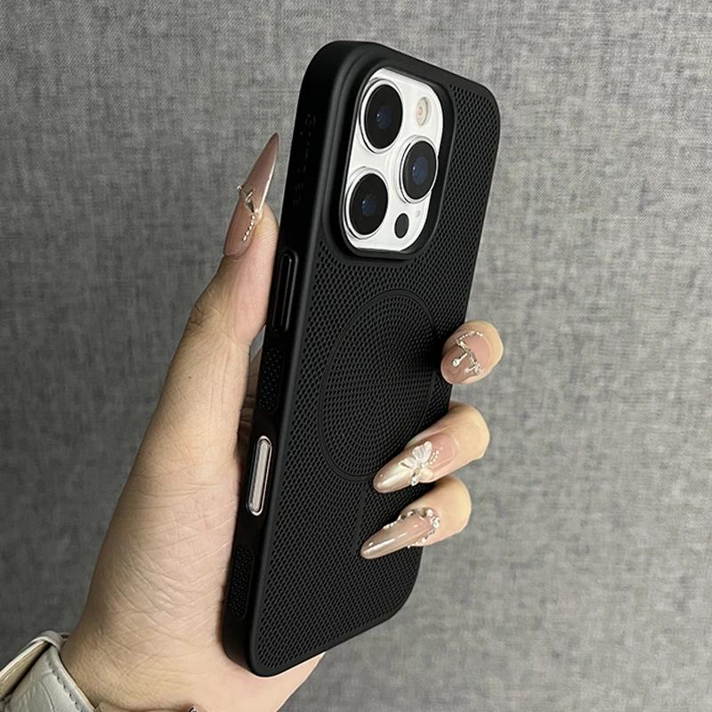 Luxury Mesh Hole Heat Dissipation Case for iPhone16 15 14 Plus 13 12 11 16Pro Max For Magsafe Wireless Charge Hard PC Thin Cover