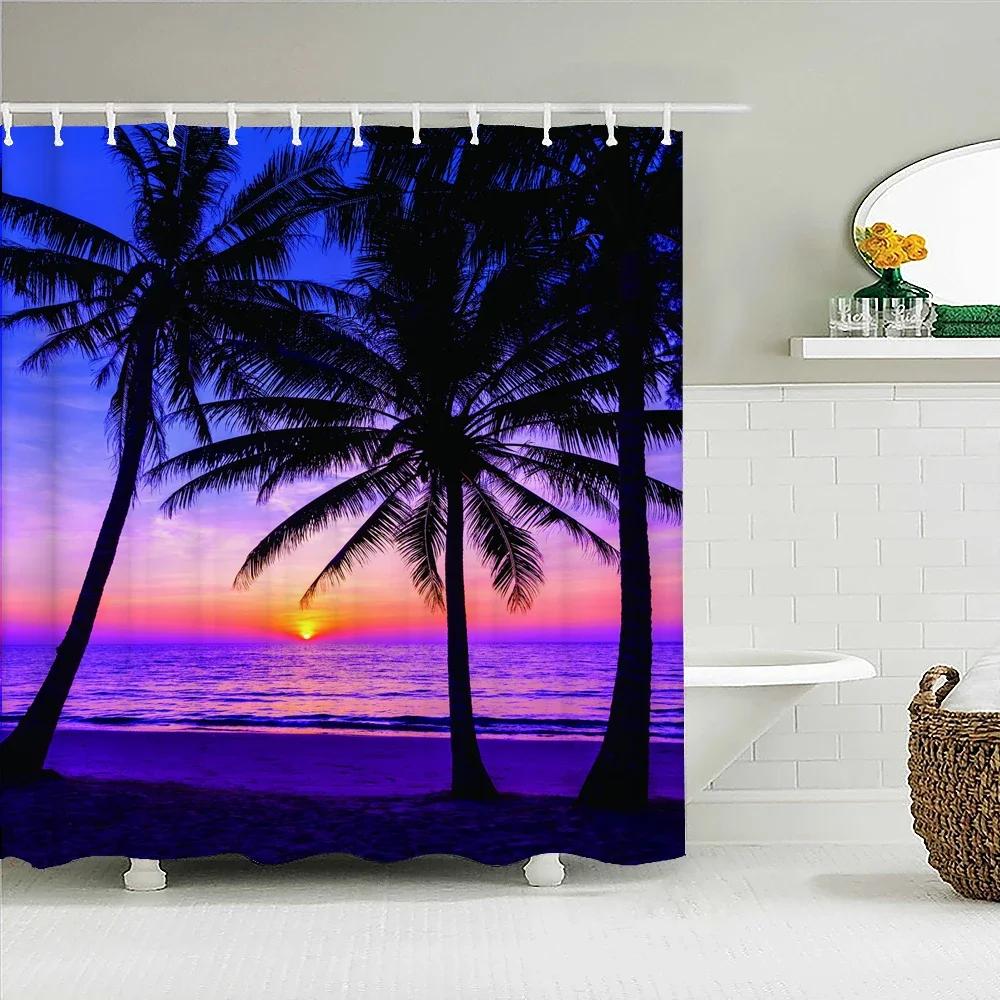 Sunlight Ocean Beach Fabric Shower Curtain Bathroom Curtains Sunset Dusk Sea Animal Dolphin Bath Screen with 12 Hooks 300x180