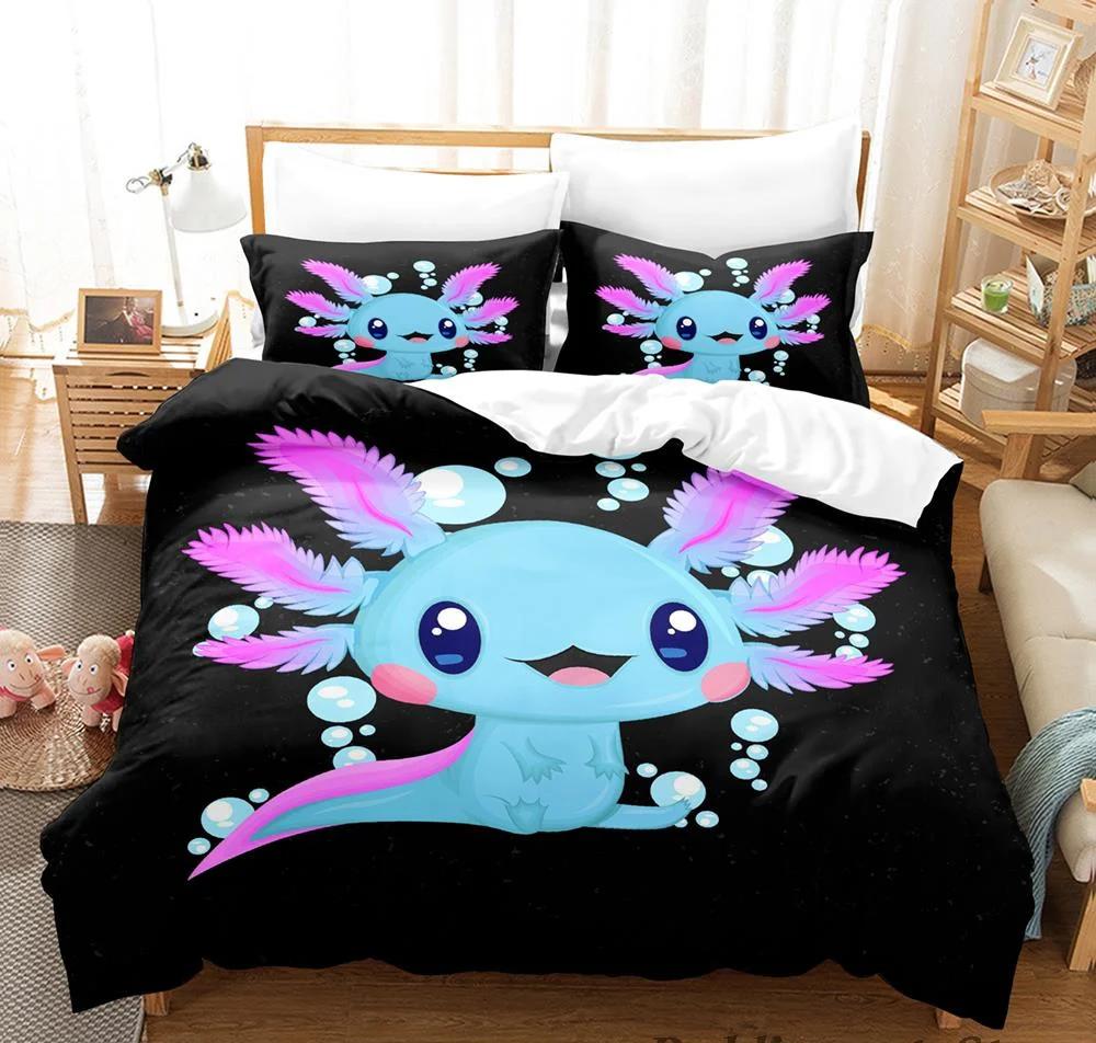 Kawaii Djur Axolotl Tryck Sängkläder Set Enkelt Twin Full Queen King Size Sängset Aldult Barn Sovrum Påslakanset 3D Anime
