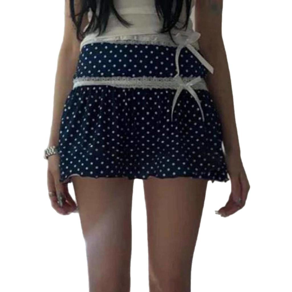 Retro Polka Dot Bow Lace Trim A-line Skirt - Summer Slimming Style