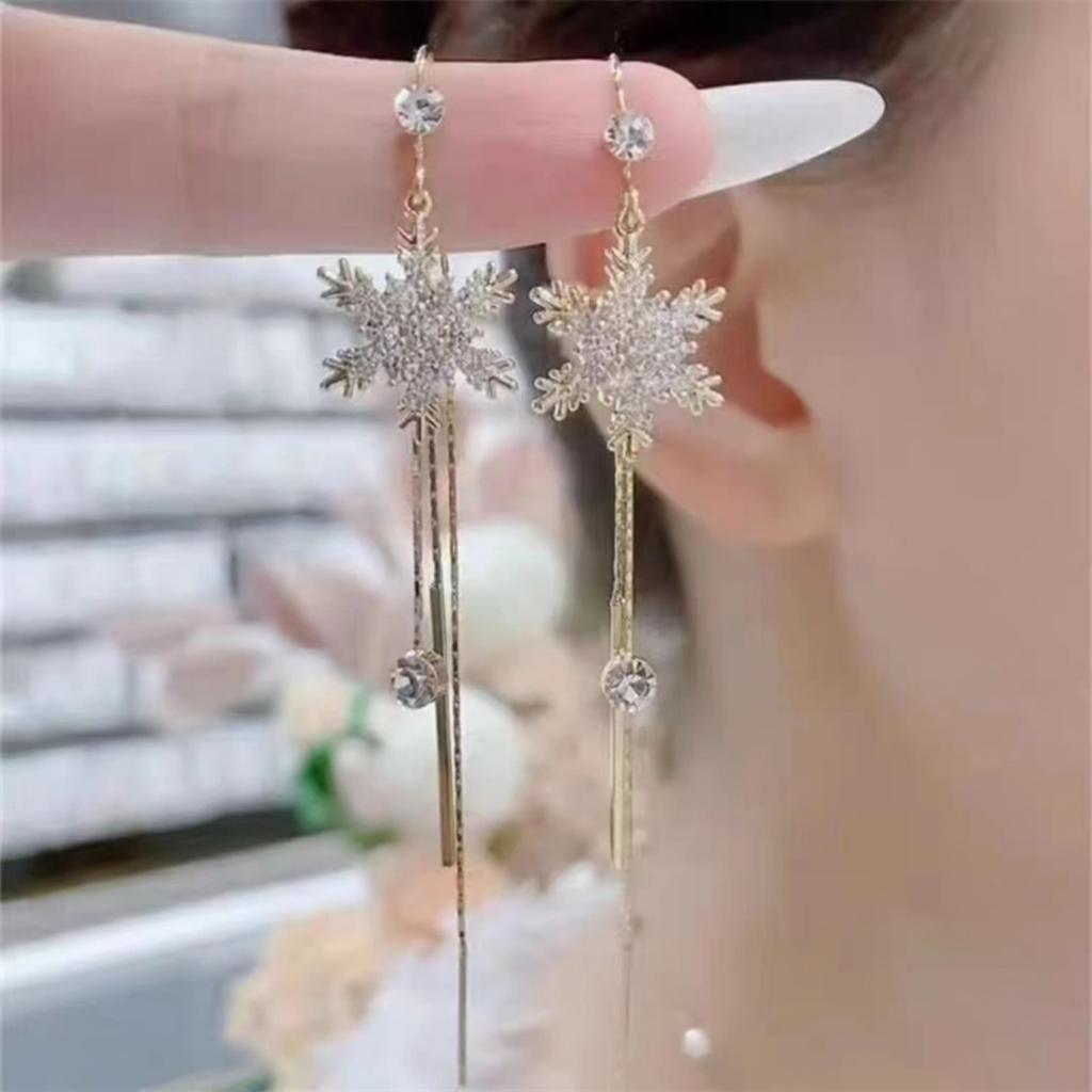 Elegant Christmas Inlaid Full Zircon Snowflake Long Fringe Drop Earrings Temperament Snow Flower Ear Line For Women Men Jewelry