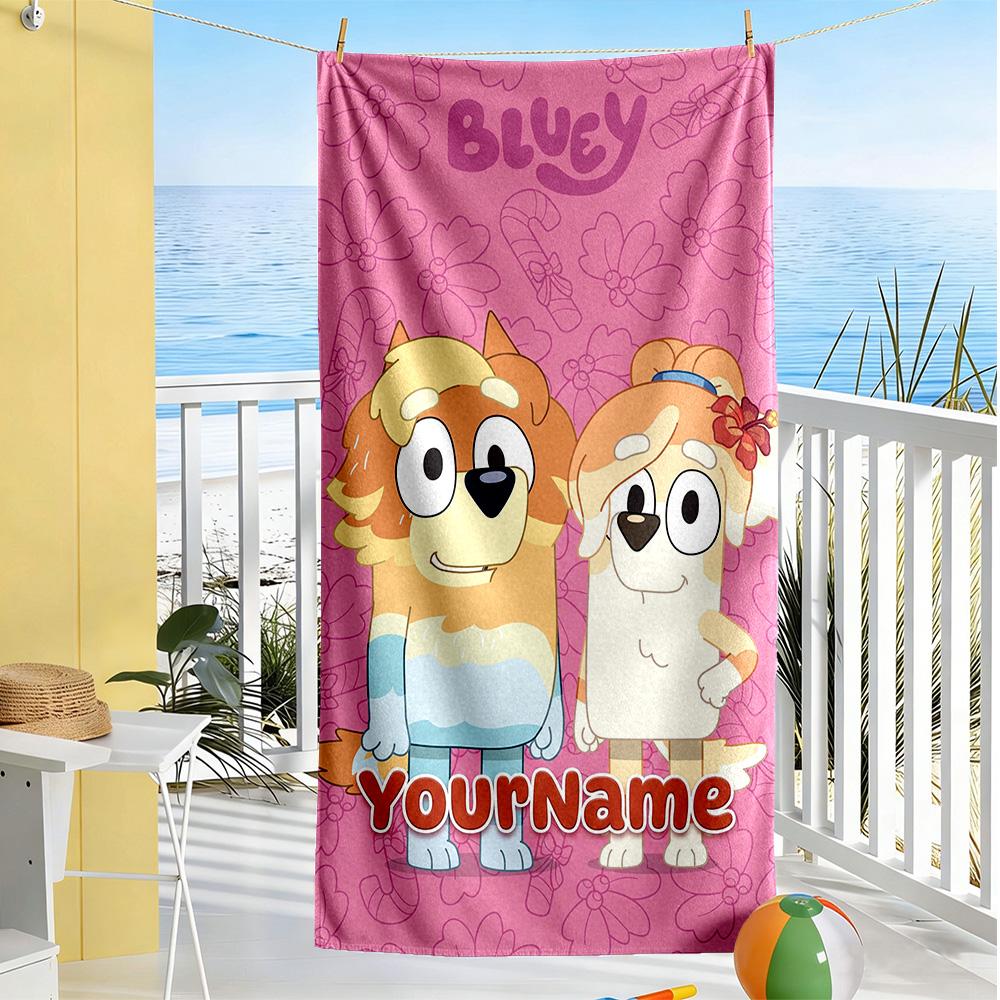 Bluey Customize Your Name Beach Towel Super Soft Microfiber Quickdry Fabric