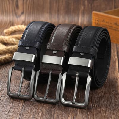 Men'S Pin Buckle Belt Business Casual Simple Belt Green Pu Stepping Line Edging Belt Jeans Belt