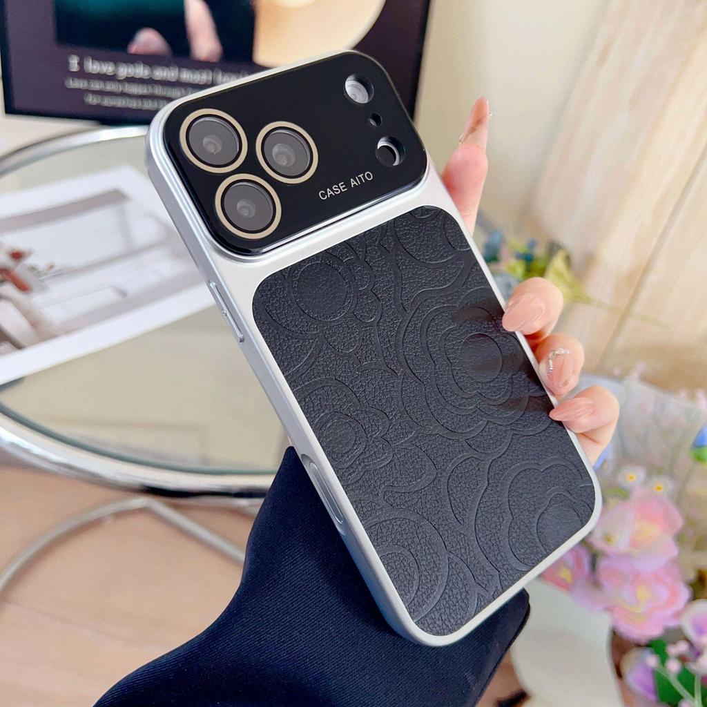 Camellia Leather Texture Full Coverage Drop-Proof Phone Case for 15, 16 Pro, 17 Pro Max
