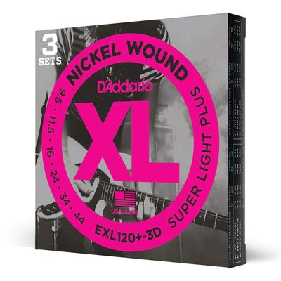 Super Light Plus XL Nickel Electric Guitar D'Addario Strings, .0095-.044, 3-Pack, EXL120+-3D