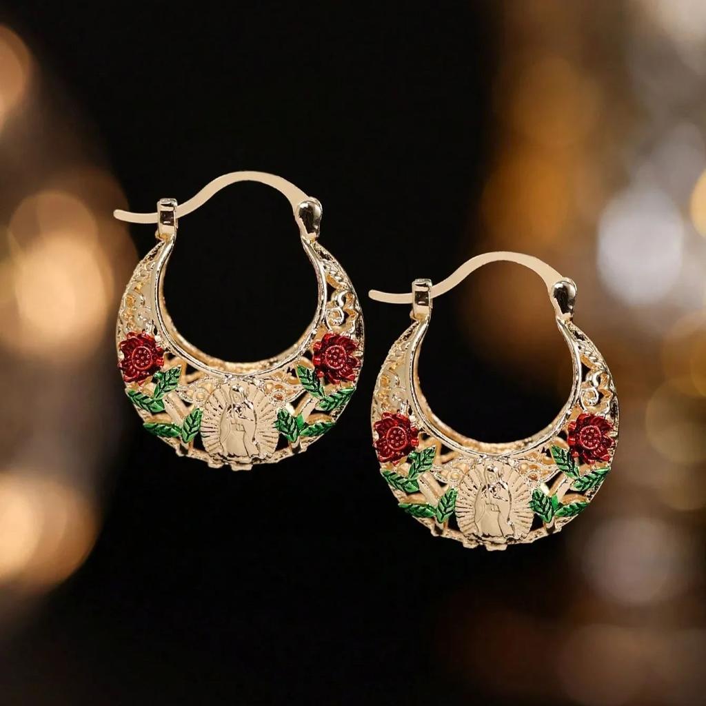Vintage Our Lady of Guadalupe Hoop Earrings Hollow Floral Carving Religious Icon Design Gold Color Women's Party Jewelry