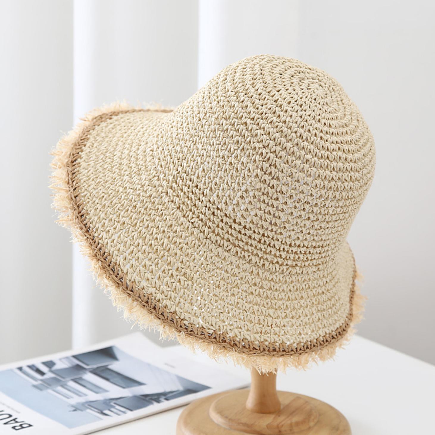 

Korean Style Wide Brim Knitted Straw Hat, Sun Protection Fisherman Cap, Round Top Beach Vacation Hat, Perfect for Holiday One Size