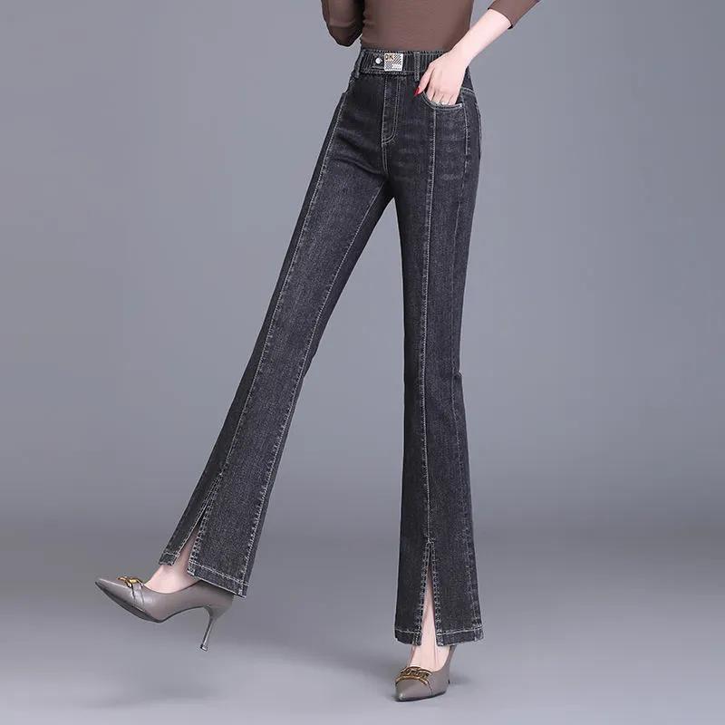 Summer Casual Appliques Solid Color Micro Flare Pants Korean Washed Splicing Double Pockets Elastic Waist Female Split Jeans