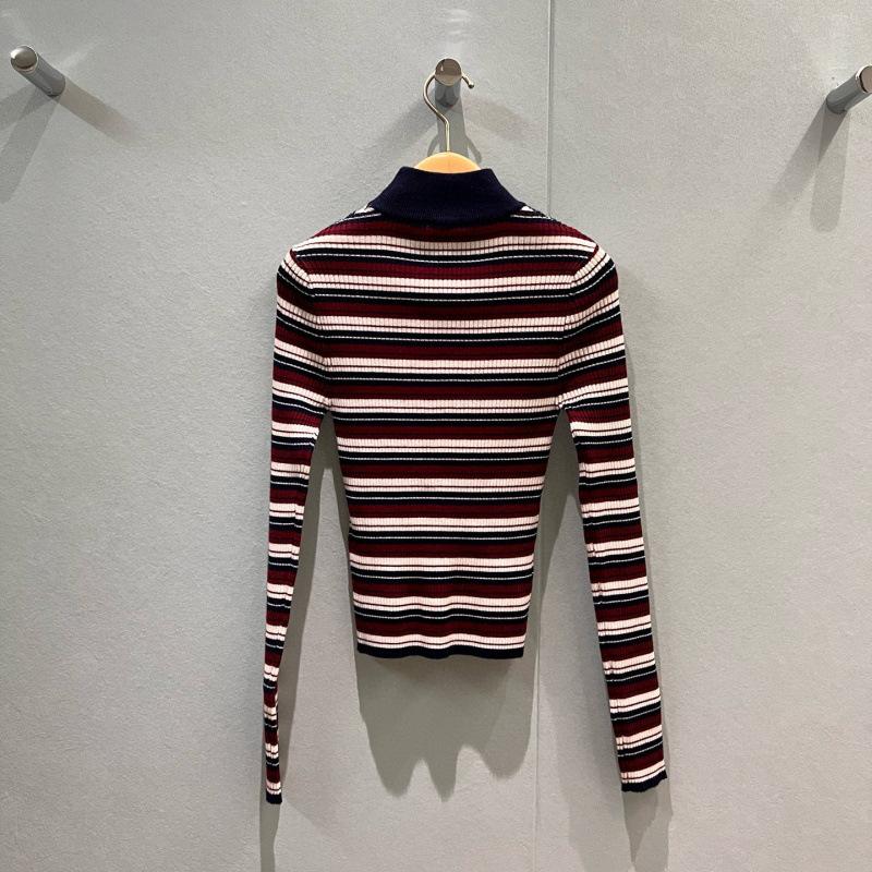 Slim-fitting and thin, turtleneck color-matching striped knitted long-sleeved top S