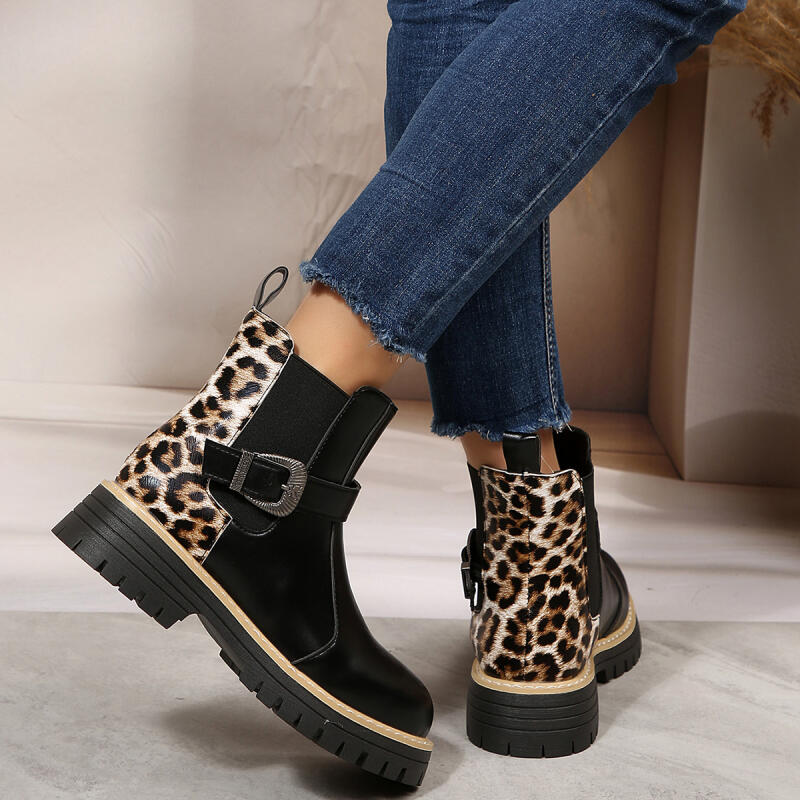 Luxury Leopard Thick Bottom Leather Ankle Boots Women  Winter Metal Buckle Designer Chelsea Boots Punk Woman's Short Booties