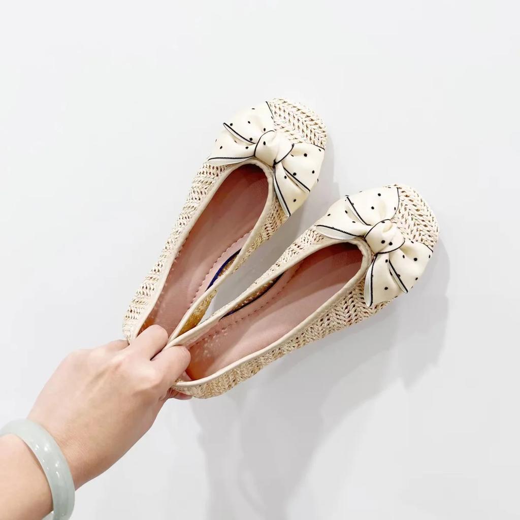 Woman Footwear Kawaii Apricot Shoes For Women With Bow Flats Flat Cute Normal Leather Casual Square Toe Korean Style Chic Point
