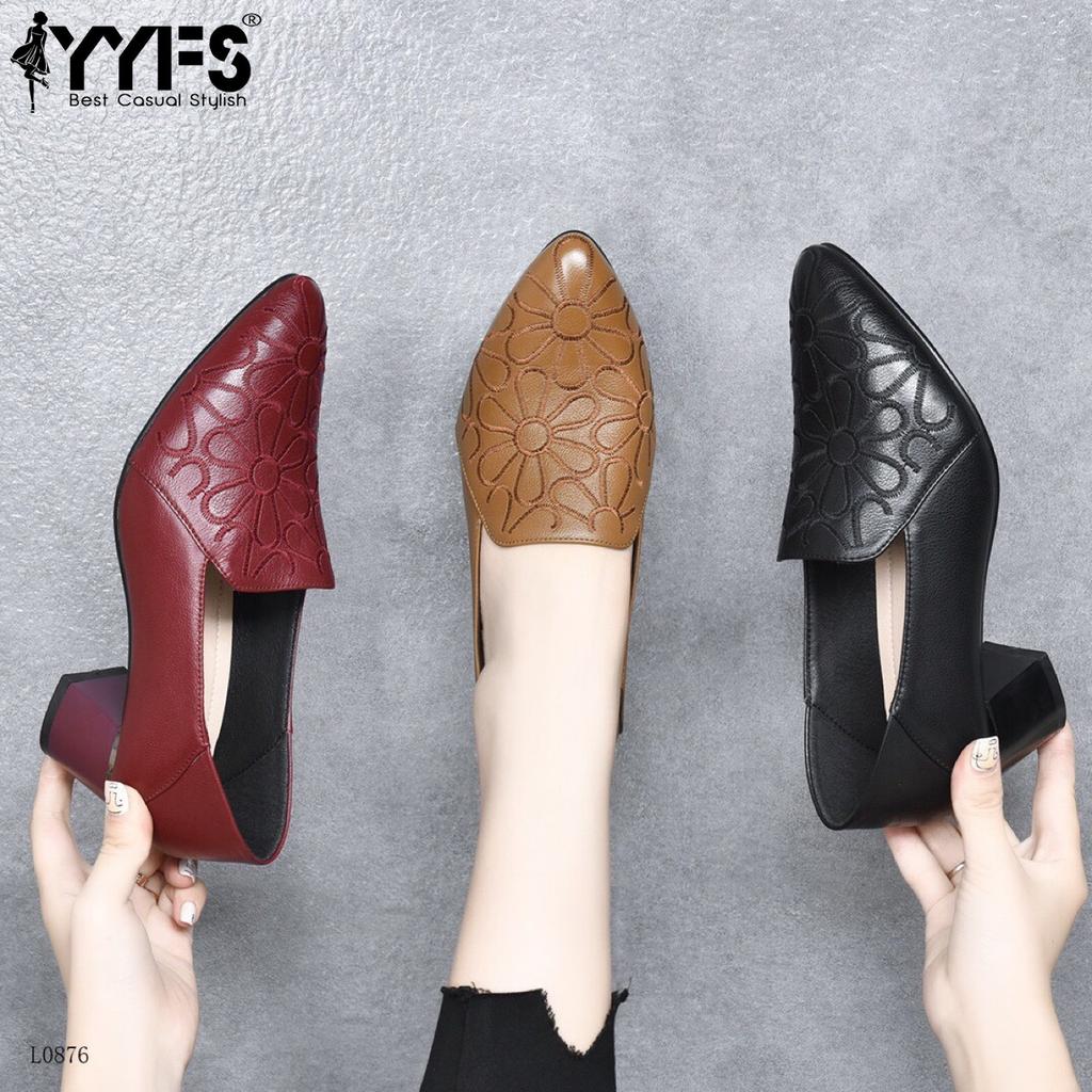 Women's Embroidered Pointed Toe Mid Heel Shoes for Fall 2024. Comfortable Soft Leather Thick Heel Mom Shoes.