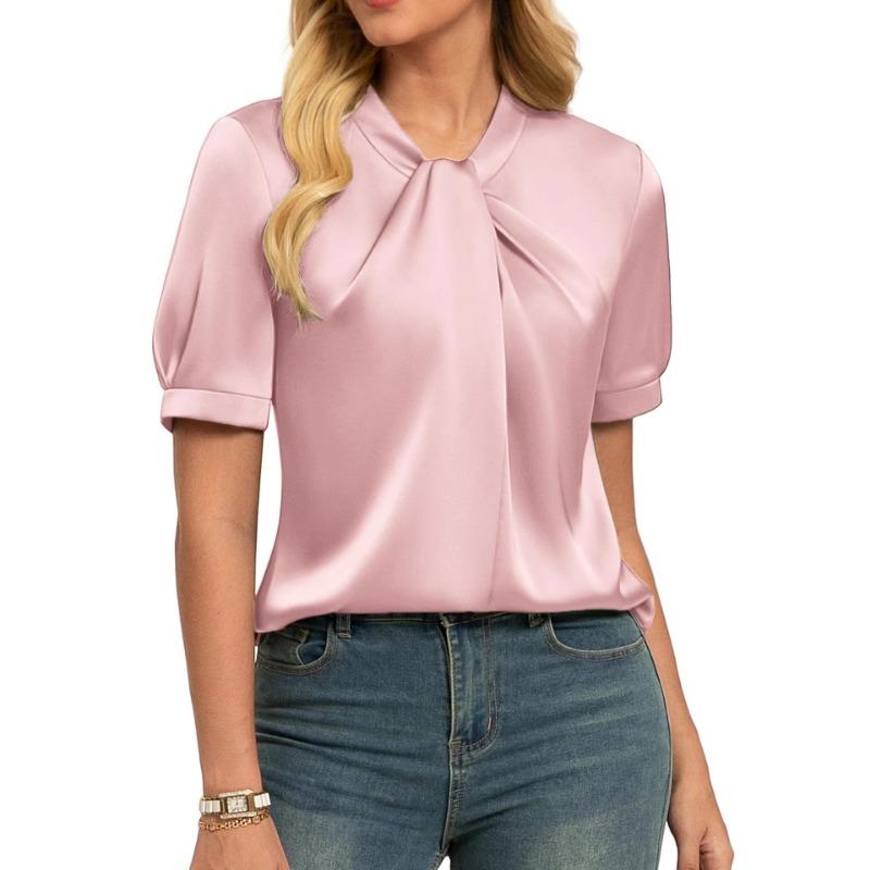 

New Summer Women s Elegant Tops Versatile Short-sleeved Satin Shirts XL рожевий