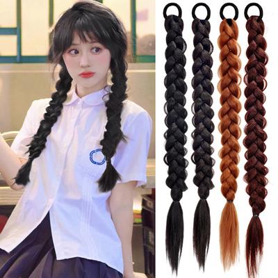 Extensión de cola de caballo trenzada larga para mujer, con lazo para el pelo, peluca sintética esponjosa y Natural para niñas, coleta recta envolvente