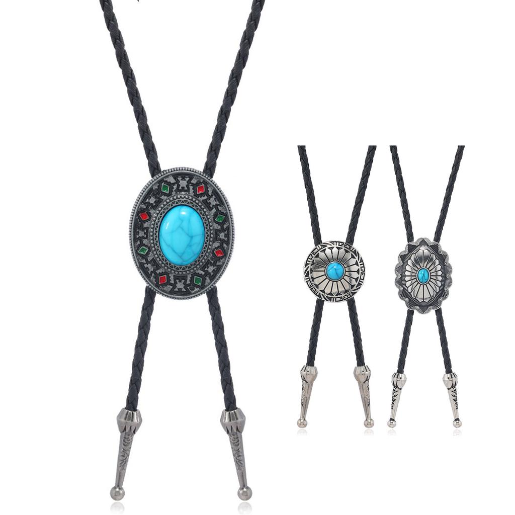 Turquoise Bolo Tie for Adult Unisex Vintage PU Leather Necktie Rope Necklace Jewelry Rodeos Tie for Formal Occasion 3PCS