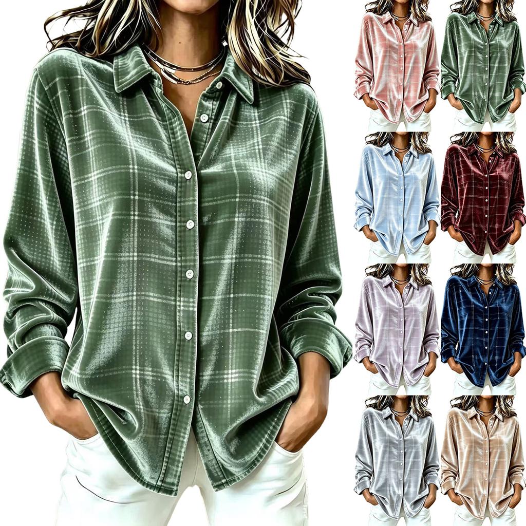 Women's Velvet Plaid Shirt - Casual Long Sleeve Loose Fit Top