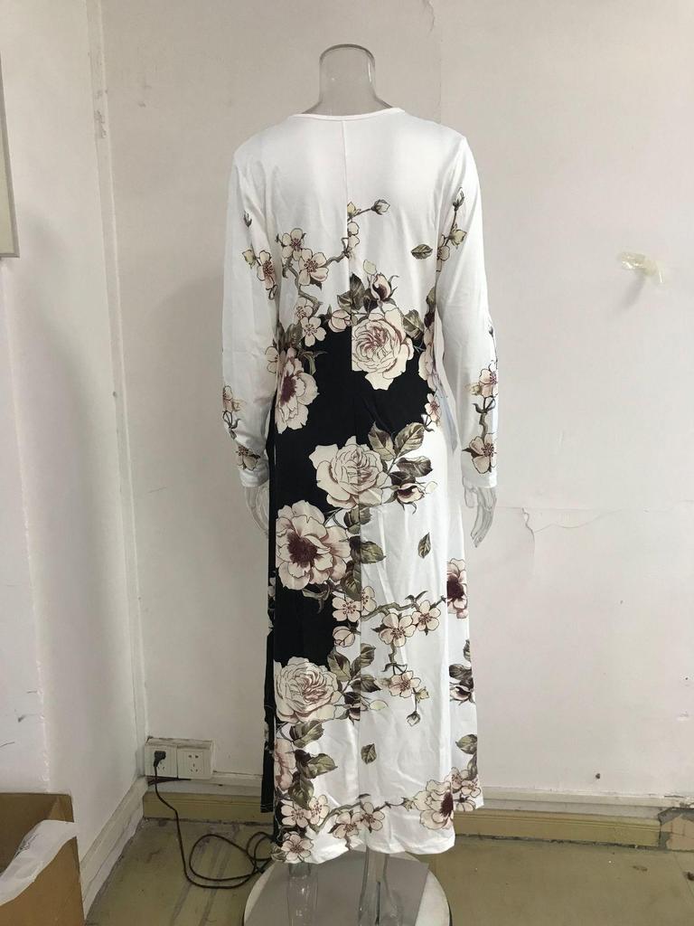 Elegant Plus Size Long Sleeve Printed Dress with Pockets and High Waist Hem