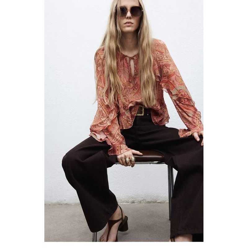 Zbzr Spring New Arrival Women's Clothing Fashion Style Round Neck Paisley Print Bell Sleeve Ruffles Loose Tops