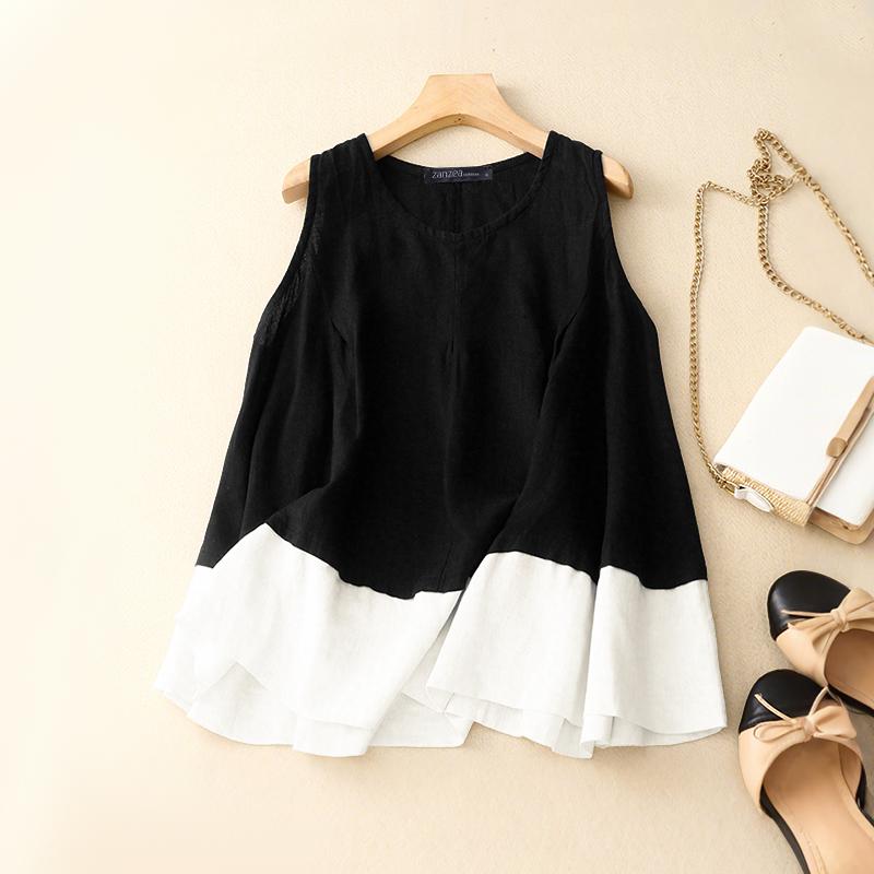 

ZANZEA Женские повседневные летние майки без рукавов с круглым вырезом в стиле пэчворк L чёрный