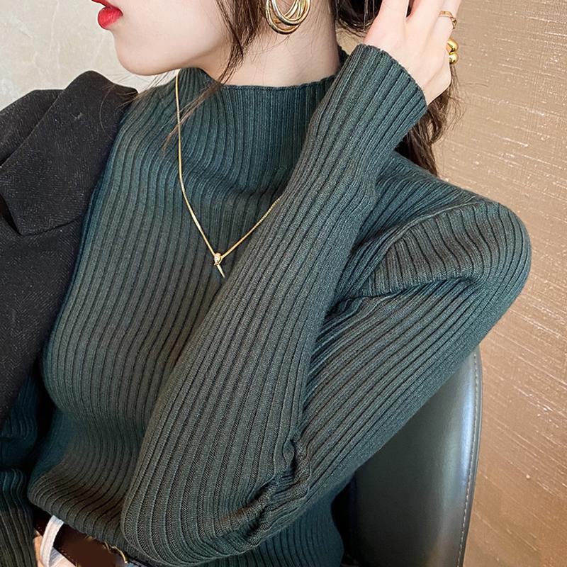 Autumn and Winter Long Sleeve Casual Pullover Knitwears Sweater Half High Neck Solid Base Knitted Women Office Ladies Elegant Slim Fit Sweaters 24977