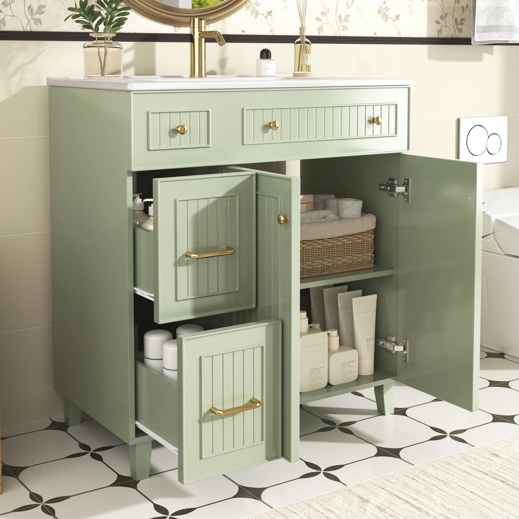 Mobile da Bagno con Lavabo 81,7 cm - Superficie Laccata, Spazio di Archiviazione Multifunzionale e Piedini in Legno Massello in Design Moderno di Lusso - Verde