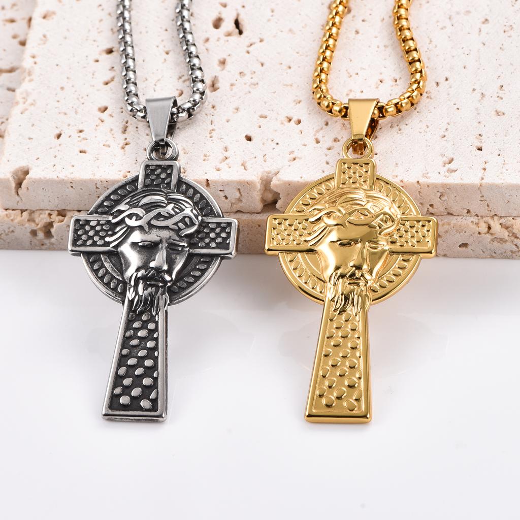 Stainless Steel Jesus Face Cross Pendant for Men Women Punk Amulet Orthodox Cross Necklace Chain Charms Jewelry Gift