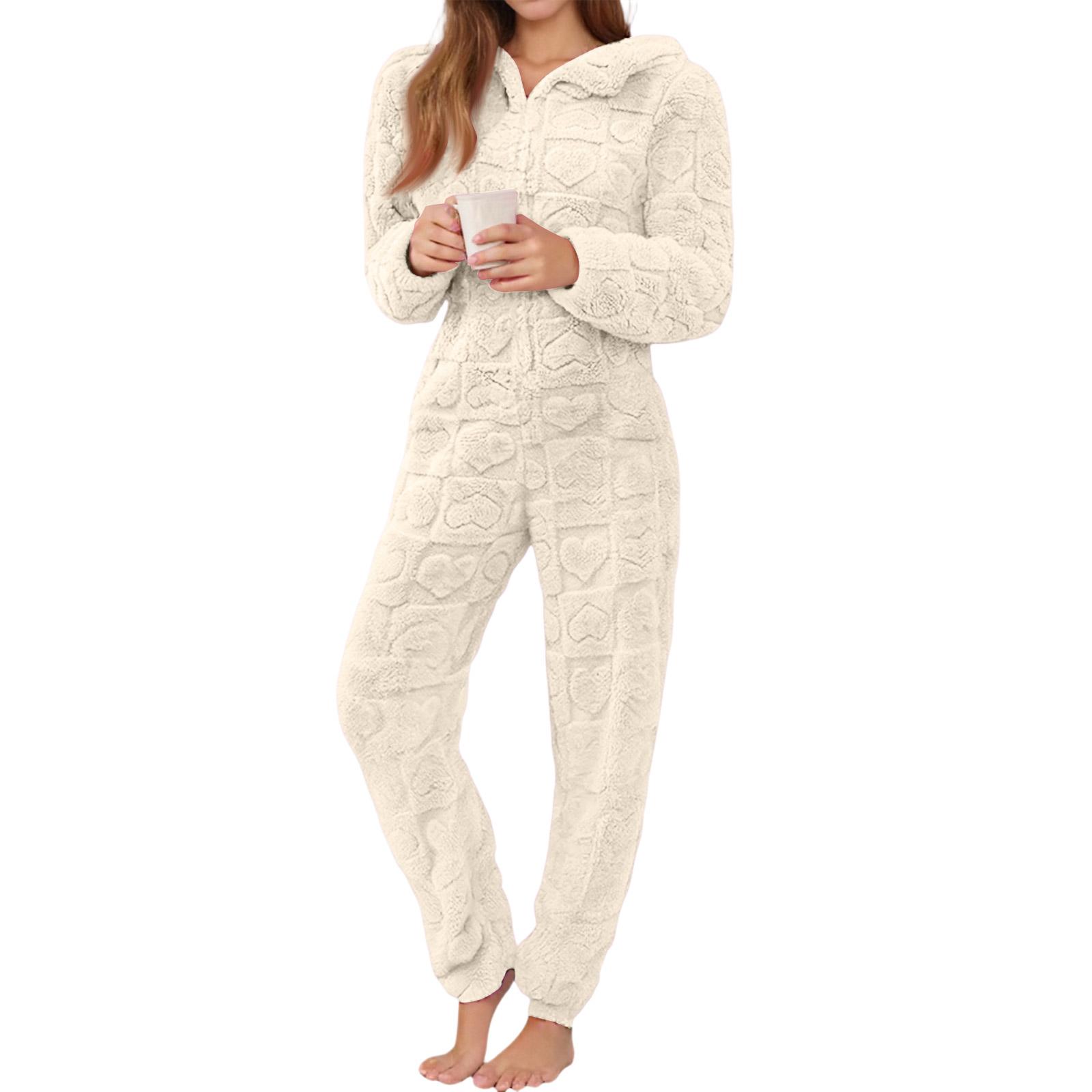 

Женская мода однотонная домашняя одежда плюшевый комбинезон с длинными рукавами и капюшоном пижама для отдыха M бежевый