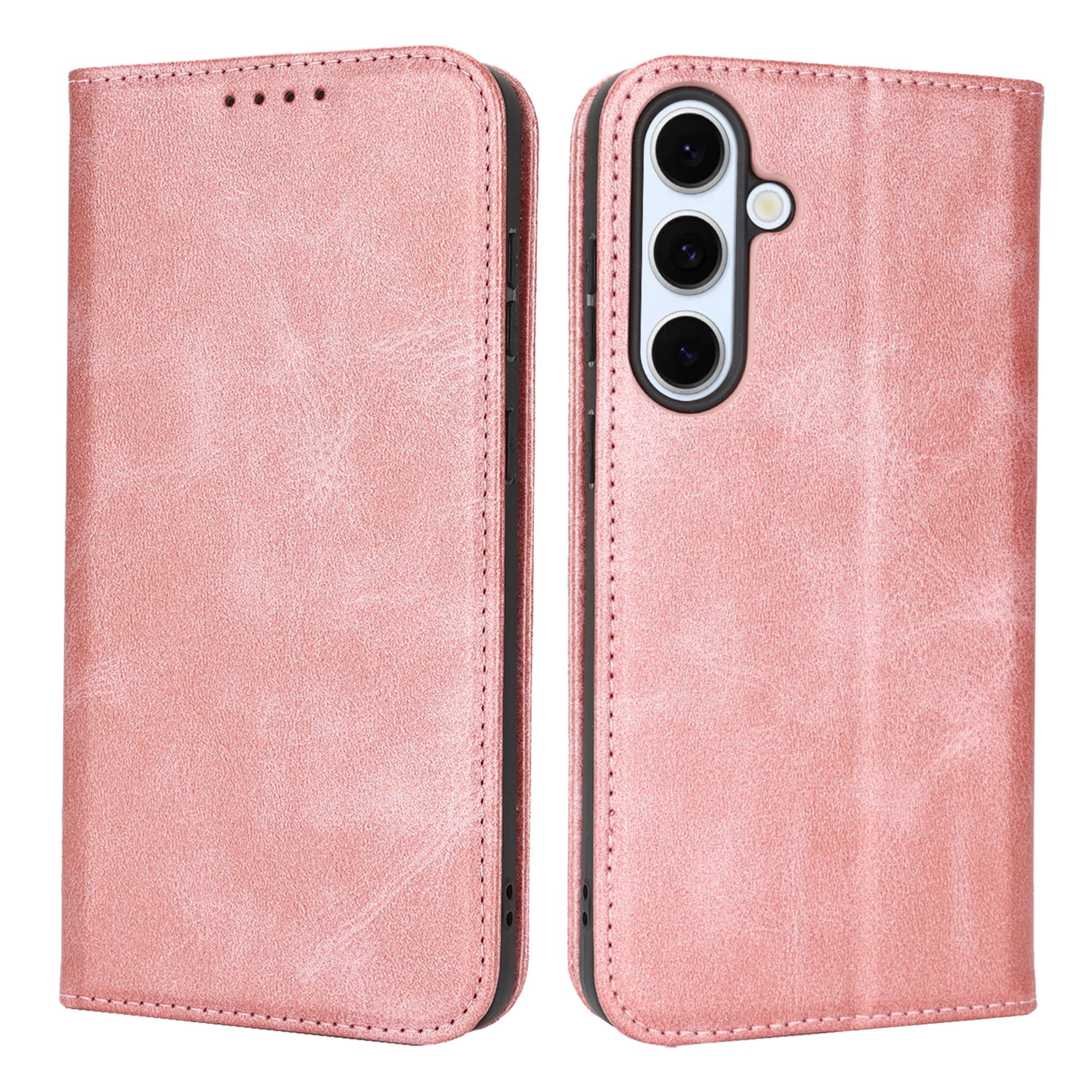 

For Samsung Galaxy S25 FE Case PU Leather Calf Textured Magnetic Closing Smart Phone Cover Rose Gold
