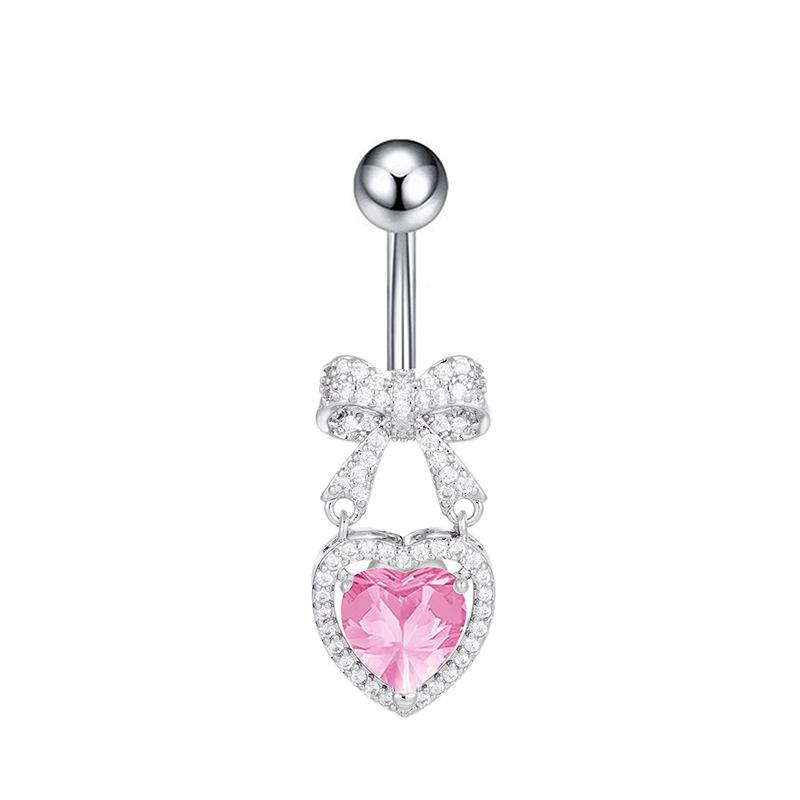 Stainless Steel Hypoallergenic Navel Belly Button Rings Cute CZ Heart Bow Decor Body Jewelry for Summer Beach Wear