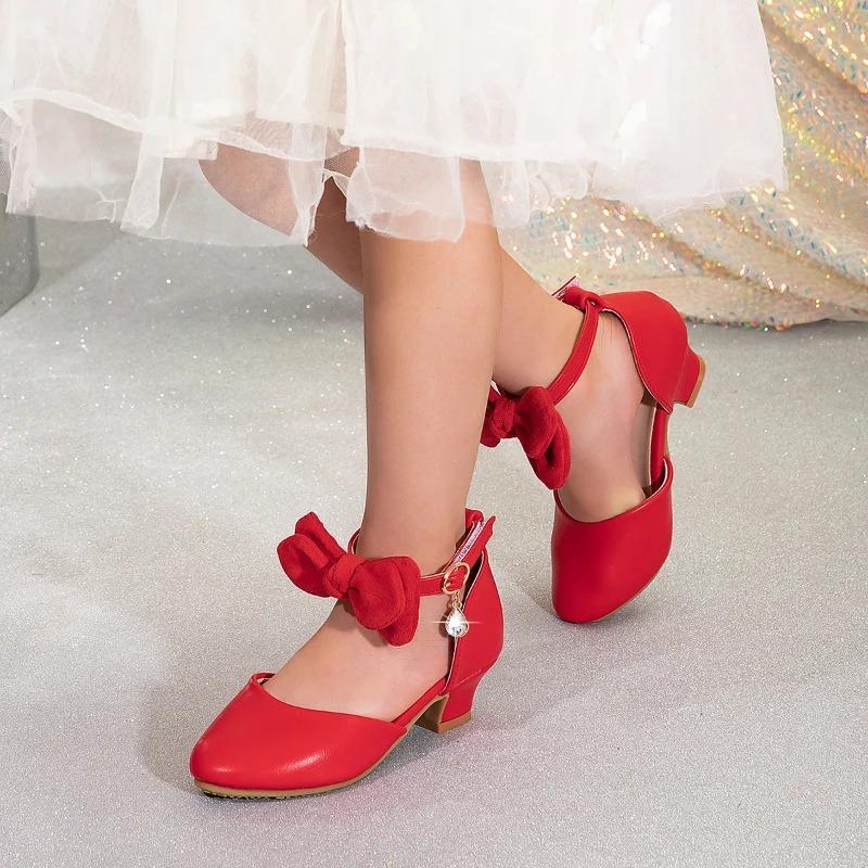 Tacchi Alti per Bambina con Cinturino alla Caviglia Fiocco Sandali da Principessa per Ragazza Dolci Scarpe Versatili Moda Bambini Sfilata
