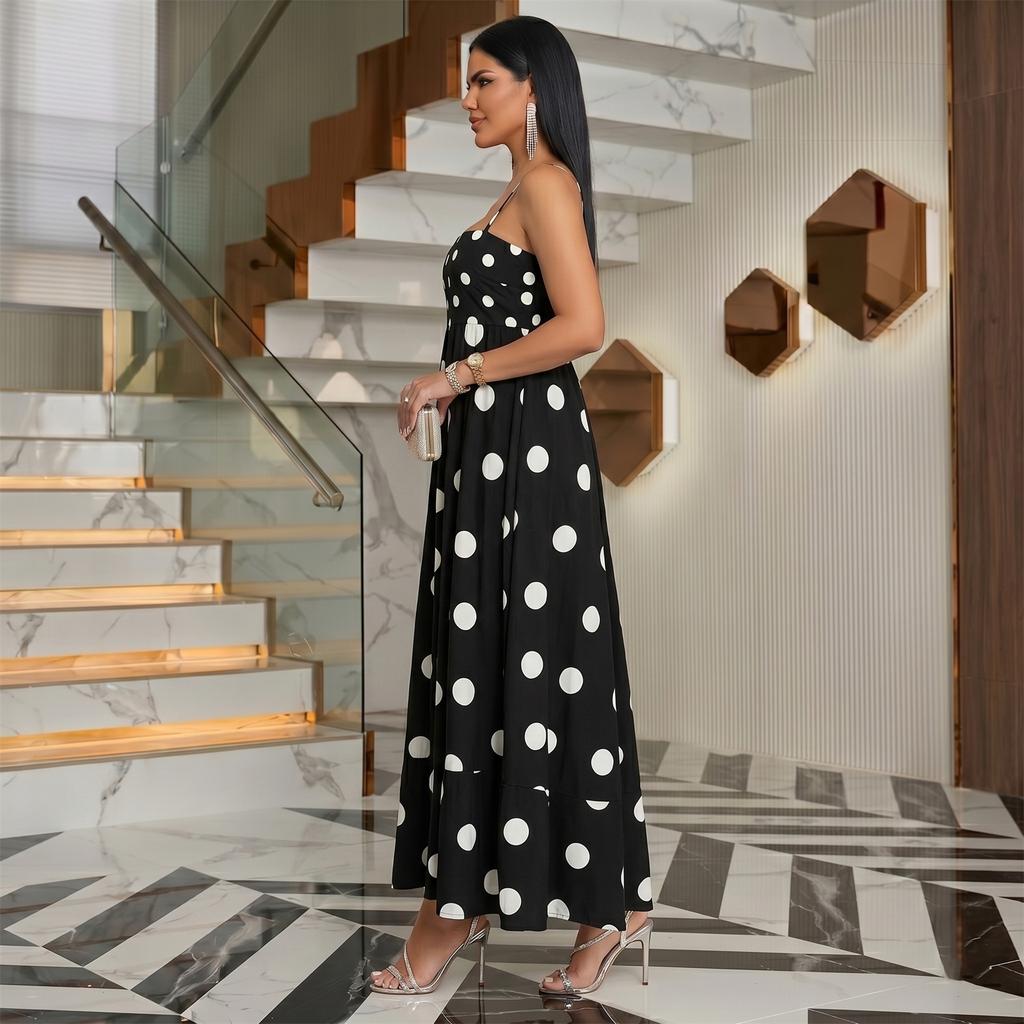 Damen Sommer Maxikleid mit Polka-Dot und Streifenprint, Spaghettiträgern, Stufenrock, Lässiger Lockerer Schnitt, Langes Kleid