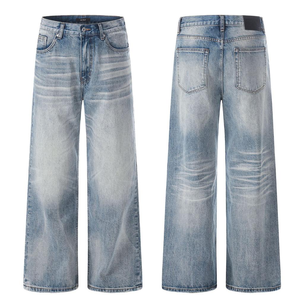 American retro washed scimitar old jeans men's and women's design cat whisker loose wide leg silhouette trousers